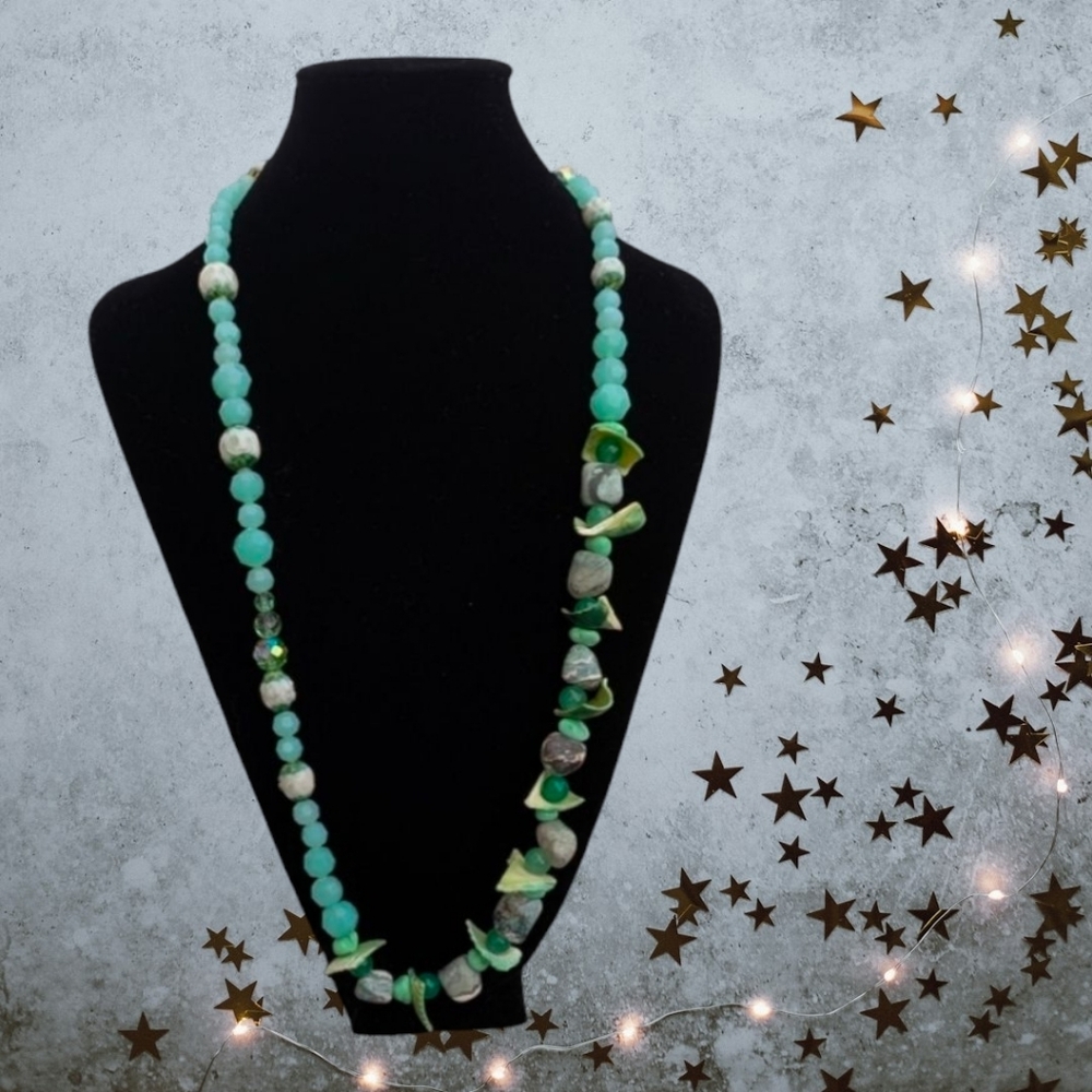 Handcrafted w/Vintage Mint Green Beads and Shell Necklace, Handcrafted Necklace